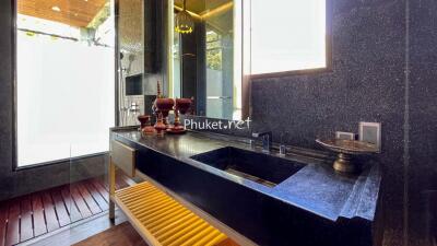 Modern bathroom with black sink and decorative items