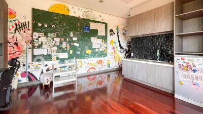 Modern kitchen with colorful wall art and bulletin board