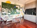 Modern kitchen with colorful wall art and bulletin board