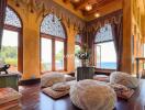 Luxurious living area with a unique ethnic design and ocean view