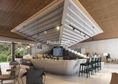 Modern kitchen and dining area with large central island and seating