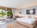 Modern bedroom with large window and Buddha wall art