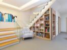 Modern living area with staircase and built-in bookshelves