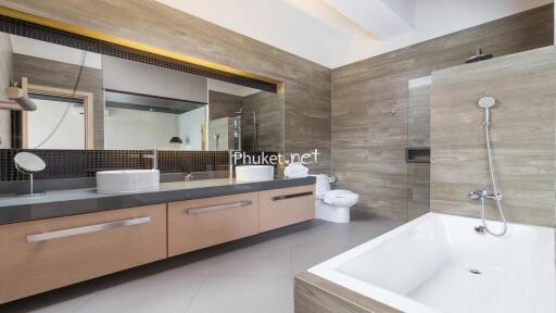 Modern bathroom with bathtub and dual sinks