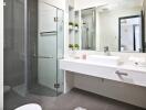 Modern bathroom with glass shower enclosure, sink, mirror, and shelving.