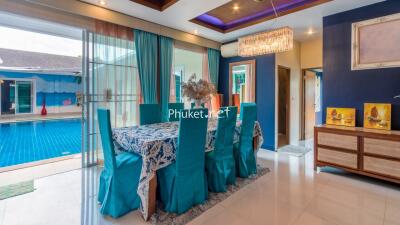 Dining room with a view of the swimming pool