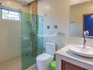 Modern bathroom with glass shower and white sink