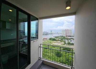 Balcony with a city and river view