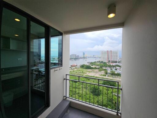 Balcony with a city and river view