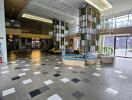 Modern lobby with seating and decorative elements