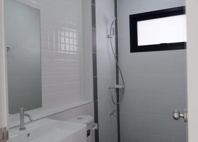 Modern bathroom with a shower, sink, and toilet.