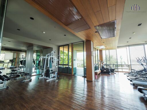 Spacious gym with modern equipment and wooden details