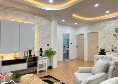 Modern living room with ceiling lights and decor