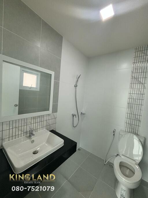 Modern bathroom with a sink, mirror, showerhead, and toilet