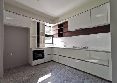 Modern kitchen with white cabinetry and built-in appliances