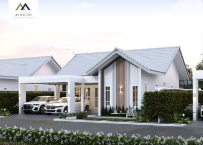 modern white house exterior with garage and two cars