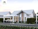 modern white house exterior with garage and two cars