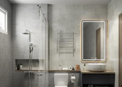 Modern bathroom with shower and vanity