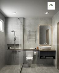 Modern bathroom with shower and vanity