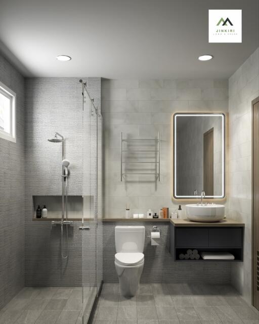 Modern bathroom with shower and vanity