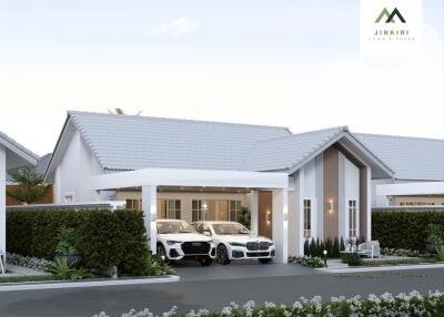 Modern single-story house with garage and two cars