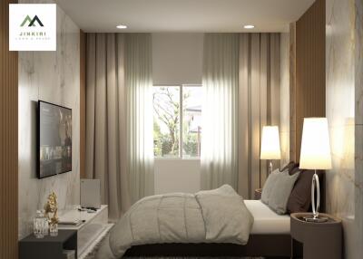 Modern bedroom with a large window, cozy bed, and decor elements