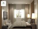 Modern bedroom with a large window, cozy bed, and decor elements