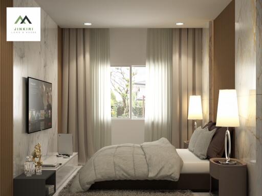 Modern bedroom with a large window, cozy bed, and decor elements