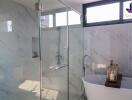 Modern bathroom with glass shower and freestanding tub