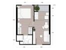 Apartment floor plan showing layout of rooms and furniture