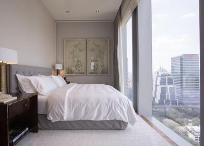 Modern bedroom with large windows and city view