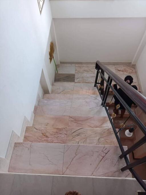 View of staircase with marble steps and metal railing