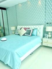 Modern bedroom with blue and white decor