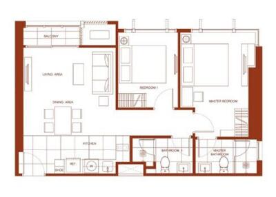 Apartment layout showing living room, dining area, kitchen, bedrooms, bathrooms, and balcony