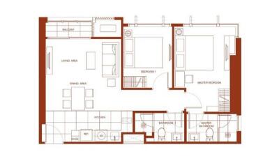 Apartment layout showing living room, dining area, kitchen, bedrooms, bathrooms, and balcony