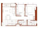 Apartment layout showing living room, dining area, kitchen, bedrooms, bathrooms, and balcony