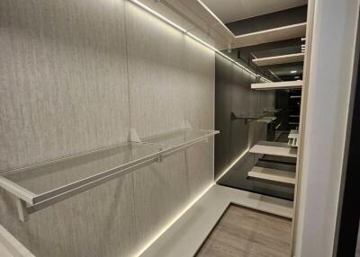 Spacious modern closet with shelving and lighting