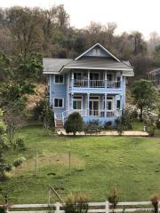 Beautiful blue two-story house with a large yard