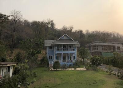 Large blue house with a front yard and surrounding greenery