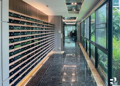 Mailroom with rows of mailboxes in modern building