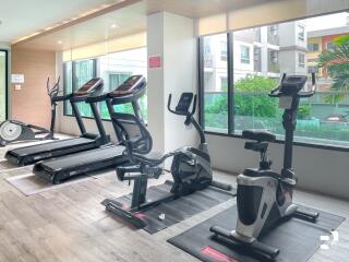 Modern gym with exercise equipment and large windows