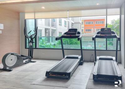 Indoor gym with exercise equipment and large windows