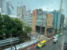 Street view of buildings on a rainy day