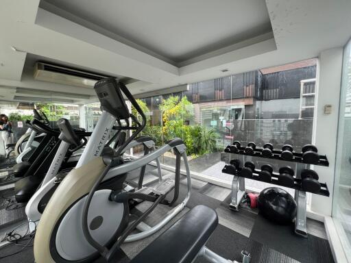 Well-equipped gym with cardio machines and free weights