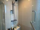 Modern bathroom with shower and toiletries