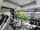 Well-equipped gym with modern exercise machines and free weights