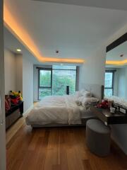 Modern bedroom with large window and cozy lighting