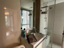 Modern bathroom with a sink, mirror, shower area, and baby chair