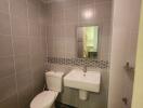 Modern bathroom with grey tiles, a white toilet, and a wall-mounted sink with a mirror