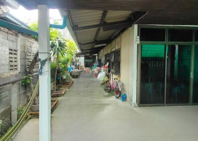 Covered outdoor area with plants and bicycles